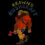 Browns Bushcraft logo of a bigfoot with an ax wearing a rucksack and a red plaid shirt